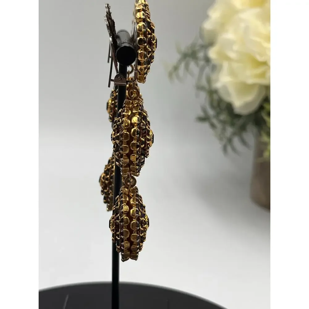 Mistar Bijoux Deadstock 3D Puff‎ Three Drop Dangle Crystal Gold Clip on Earrings